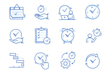 Time, calendar doodle line icon set. Hand drawn doodle sketch line style business time management, project deadline concept. Alarm clock, calendar, stopwatch cute elements. Vector illustration