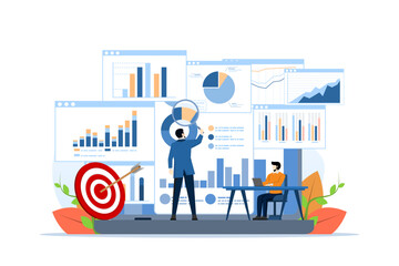 Data analysis concept with businessman character. Teamwork business analyst graphs and sales management statistical diagrams and operational reports flat vector illustration. Financial report metaphor