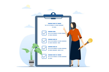 survey or feedback opinion concept, completion checklist or questionnaire form, evaluation review or assessment, checkbox clipboard, businesswoman completing survey with light bulb pencil.