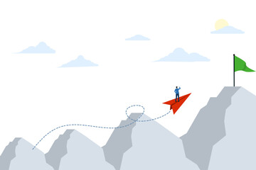 Naklejka premium different leadership concepts. A businessman travels on a red paper plane towards a green flag. Leadership in business to achieve success. flat business vector illustration on white background.