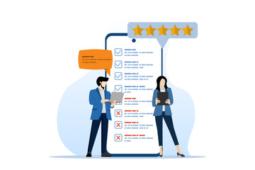 The concept of online surveys, people fill out online survey forms via telephone. People Give Feedback, Choose Answers, Make Decisions and Research. Checklist. Feedback service. People Give Feedback.