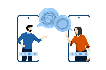 concept of business problem solving, online communication problems and question resolution, tangled and untangled talk. abstract metaphor, flat Vector illustration on white background.