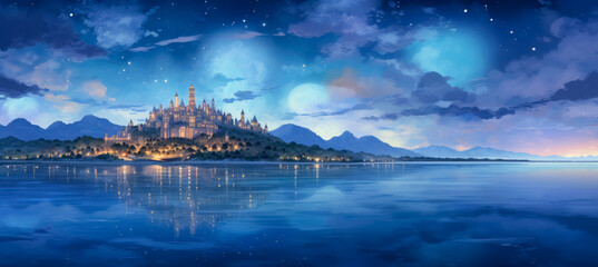 Obraz premium wallpaper of an oriental setting with mountains, in the style of anime art, sparkling water reflections, Colorful Painting of clouds and water, spiritual landscape, zen-inspired.