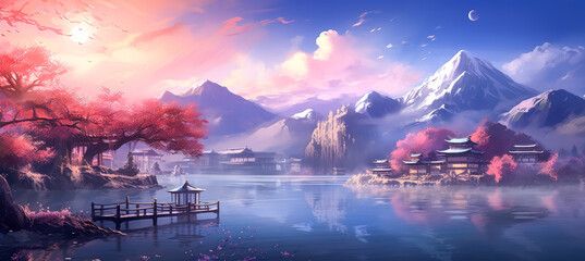 Panele Szklane  wallpaper of an oriental setting with mountains, in the style of anime art, sparkling water reflections, Colorful Painting of clouds and water, spiritual landscape, zen-inspired.