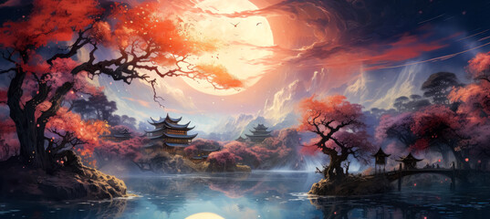 wallpaper of an oriental setting with mountains, in the style of anime art, sparkling water reflections, Colorful Painting of clouds and water, spiritual landscape, zen-inspired. - obrazy, fototapety, plakaty