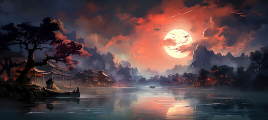 wallpaper of an oriental setting with mountains, in the style of anime art, sparkling water reflections, Colorful Painting of clouds and water, spiritual landscape, zen-inspired.