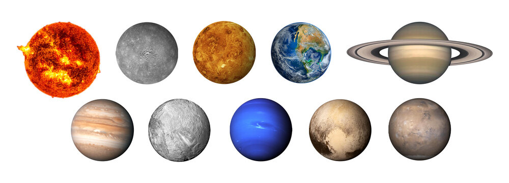 The solar system consists of the Sun, Mercury, Venus, Earth, Mars, Jupiter, Saturn, Uranut, Neptune, Pluto.Elements of this image furnished by NASA