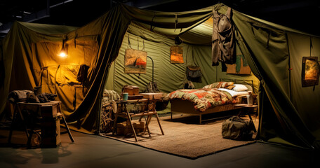 Obraz na płótnie Canvas A modular medical survival tent, apocalyptical tent imagery. Post apocalyptical game concept art.