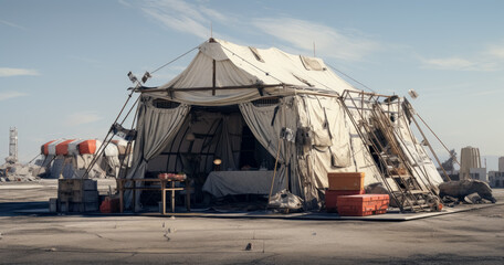 Fototapeta na wymiar A modular medical survival tent, apocalyptical tent imagery. Post apocalyptical game concept art.