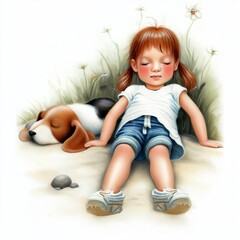 Naklejka premium Watercolor illustration of a young child taking a rest with their dog for children's book, greeting cards 