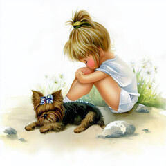 Watercolor illustration of a young child taking a rest with their dog for children's book, greeting cards	