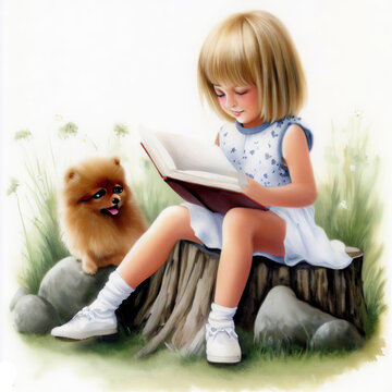 Watercolor illustration of a young child reading a book with their dog for children's book, greeting cards	