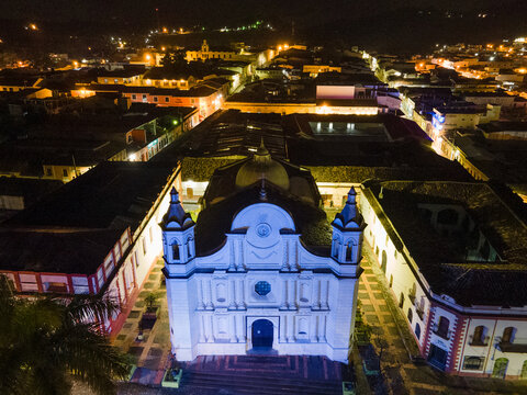 erial view at night over Cathedral of Santa Rosa de Cop&aacute;n in Honduras 