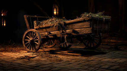 Fototapeta na wymiar Old wooden wagon is on the dirt. Medieval fantasy game wagon cart concept. 