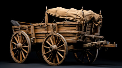 Fototapeta premium Old wooden wagon is on the dirt. Medieval fantasy game wagon cart concept. 
