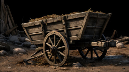 Fototapeta na wymiar Old wooden wagon is on the dirt. Medieval fantasy game wagon cart concept. 