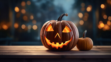 Fototapeta premium Halloween Pumpkin with Glowing Eyes, Forest Sunset Halloween Scene