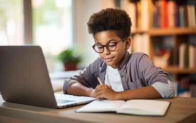 Black african american dark-skinned cheerful boy uses laptop to make video call with his teacher. Child is happy to learn remotely and receive knowledge. E-Education Distance Learning, Home Schooling.