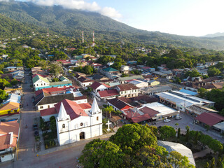 Aerial view over city of Trujillo in Honduras, the place where Cristopher Columbus touched continental land for the first time in history