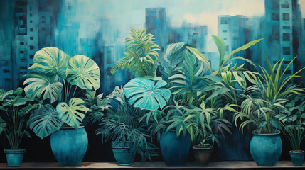 painting of ornamental plants in pots at home - obrazy, fototapety, plakaty