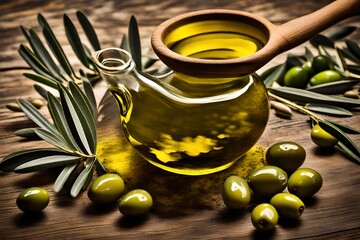 olive oil and olives on wooden background - Powered by Adobe