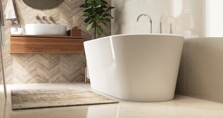 White marble floor and wall bathroom with freestanding bathtub, wooden vanity counter table,...