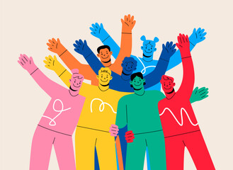 A group of happy people standing together Waving and inviting new customers Colleagues multi-ethnic team concept happy welcome newcomer. Colorful vector illustration
