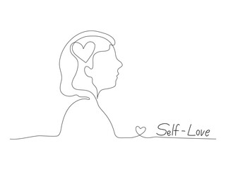 Continuous line art of a person with heart symbol and self love text, lineart vector illustration.