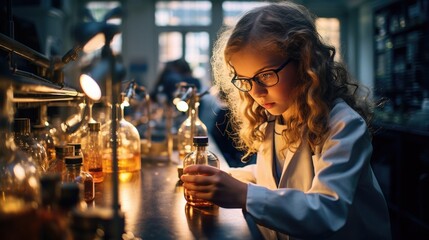 a schoolgirl in a chemical laboratory in a school class conducts experiments and examines the elements.
