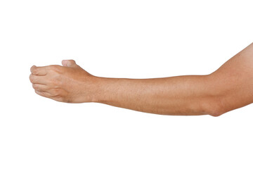 Male asian hand gestures isolated over the white background. Back hand grab action.