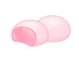 Pink mochi ice cream on white background. Japanese traditional sweet soft dessert. Ball of rice flour with bean paste. Vector illustration, healthy sweet snack.