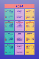 Multicolored monthly calendar template in minimalist style for 2024. Vertical printable calendar. Set for 12 months. Page with previous, current and future month.