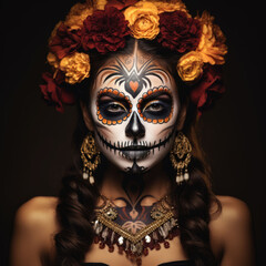 Portrait of a Sugar Skull woman celebrating the day of the dead.