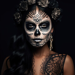 Portrait of young woman celebrating Halloween With dark Sugar Skull makeup, day of the dead makeup.
