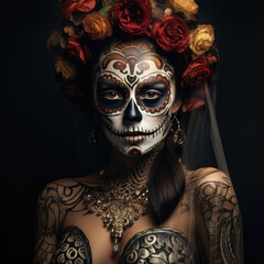 Portrait of a woman celebrating Halloween with dark orange Sugar Skull makeup. Day of the Dead makeup.