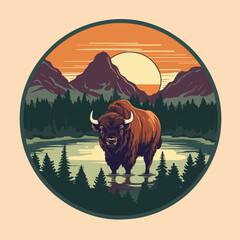Vintage retro hand drawn style Vector logo badge of big horn bison bull buffalo. pine tree evergreen forest wild scene landscape. flat color. The color palette pastel solid color, isolated background © stylusstudio