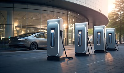 Modern electric vehicle chargers for charging car - obrazy, fototapety, plakaty