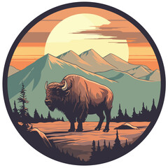 Vintage retro hand drawn style Vector logo badge of big horn bison bull buffalo. pine tree evergreen forest wild scene landscape. flat color. The color palette pastel solid color, isolated background © stylusstudio