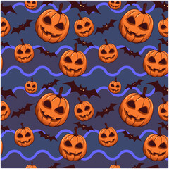 seamless flowing vector pattern, cartoon and illustration of halloween pumpkins and bats