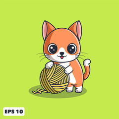 Vector Cute Orange Cat Playing A Yarn Ball. Animal Cartoon Illustration for Logo, Mascot, Icon