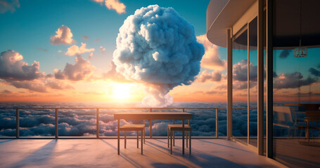 A breathtaking scene unfolds from the balcony, where the powerful force of nuclear explosions gives rise to majestic mushroom clouds. Generative AI