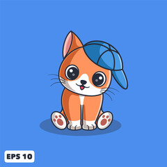 Vector Cute Orange Cat Sitting and Wearing A Hat. Animal Cartoon Illustration for Logo, Mascot, Icon