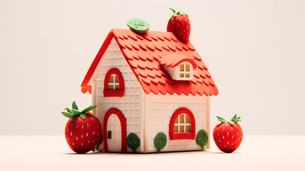 a felt house covered with strawberry, red and white decorations. Generative AI