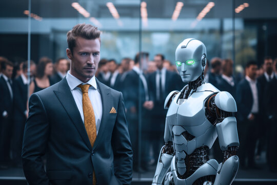 Boss and robot in front of business people. A unique blend of artificial intelligence and corporate leadership in a diverse and professional setting