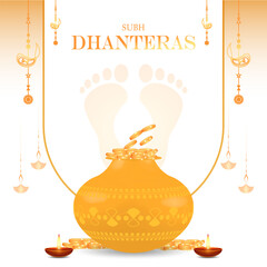 Happy Dhanteras - Golden pot and coins for Dhanteras festival, vector banner