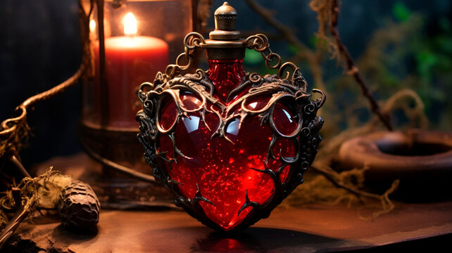 Amazing heart shaped potion bottle, poison or magic potion. love drink. Generative AI