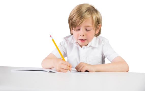 Digital png photo of caucasian schoolboy writing in notebook on transparent background