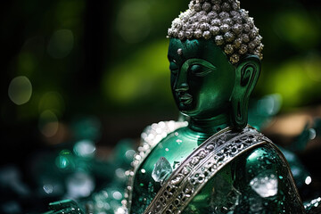 a green shiny buddha inside a glass, generative ai