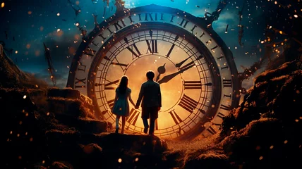Poster Under the stars, on a huge clock, a young man and a young woman ran into the future. Symbolism about the temporality of relationships. Generative AI © Юрий Маслов