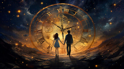 Under the stars, on a huge clock, a young man and a young woman ran into the future. Symbolism about the temporality of relationships. Generative AI